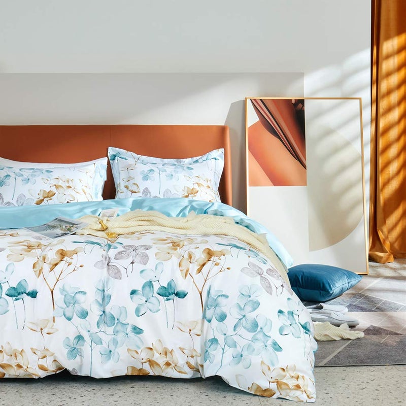 MILDLY 100% Long Staple Cotton Duvet Cover Set Blue Gold Grey Leaves Printed Comforter Cover Set Watercolor Plant - Image 1